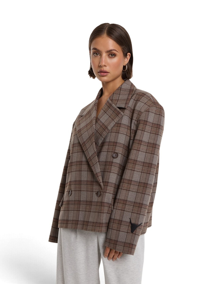 Bruin-grijze geruite blazer met epauletten en gekruiste sluiting Alix