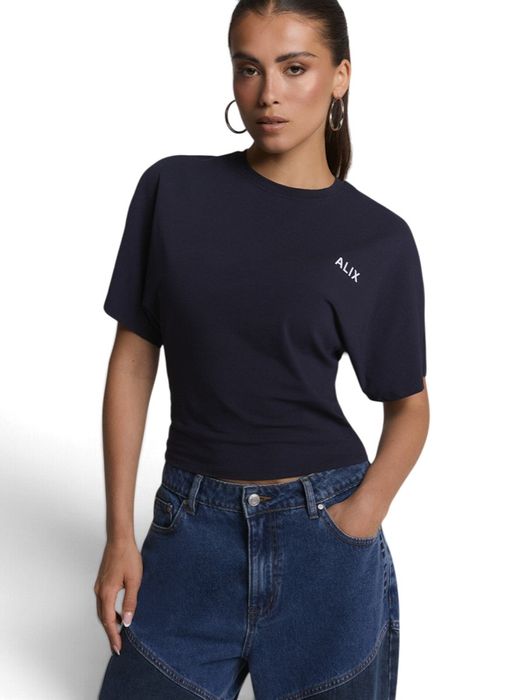Donkerblauwe T-shirt met vleermuismouw Alix