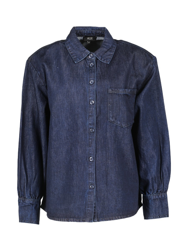 Donkerblauw oversized jeanshemd met schoudervulling Alix