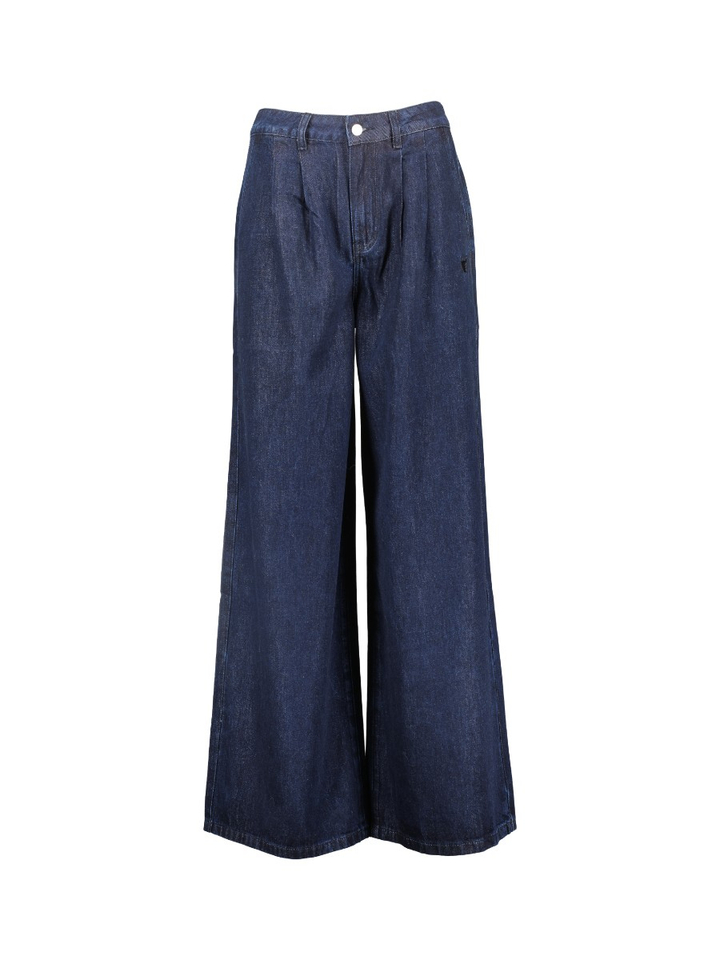 Donkerblauwe wijde broek met bandplooi in jeans look Alix