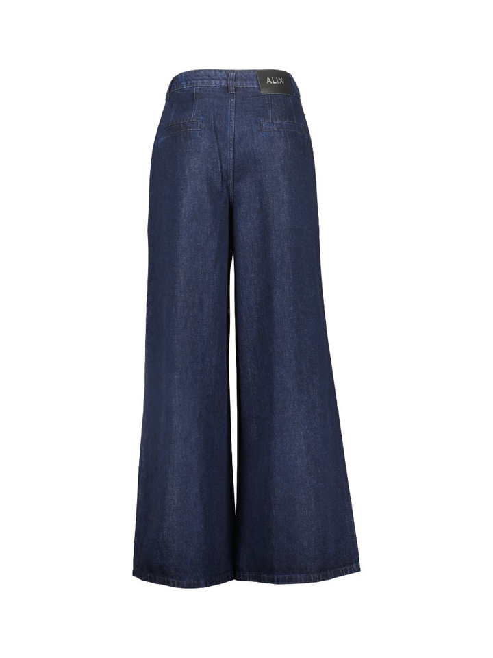 Donkerblauwe wijde broek met bandplooi in jeans look Alix