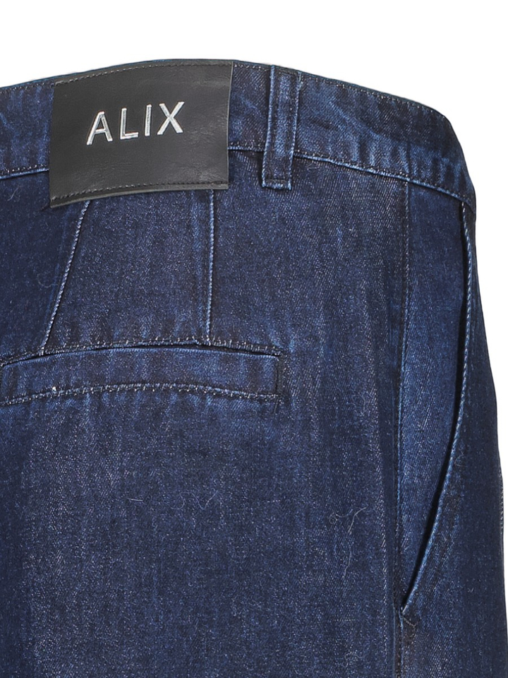 Donkerblauwe wijde broek met bandplooi in jeans look Alix