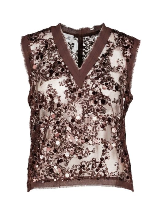 Coffee Bean Brown mouwloze glittertop in transparante mesh Manire Baum Und Pferdgarten