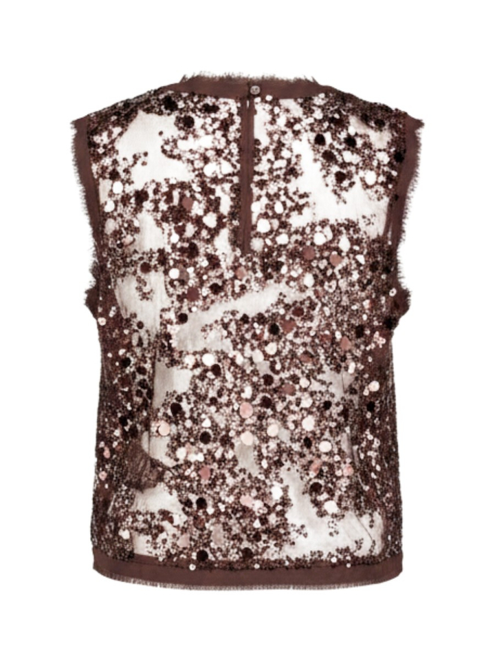 Coffee Bean Brown mouwloze glittertop in transparante mesh Manire Baum Und Pferdgarten 