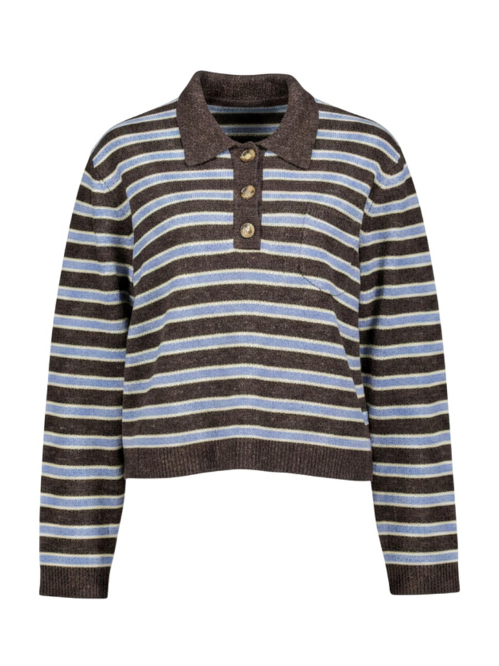 Bruin-blauw-geel gestreepte wollen polotrui met knopen Cori Baum Und Pferdgarten 