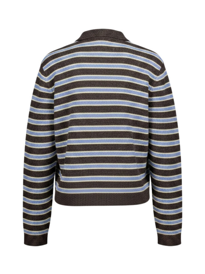 Bruin-blauw-geel gestreepte wollen polotrui met knopen Cori Baum Und Pferdgarten 