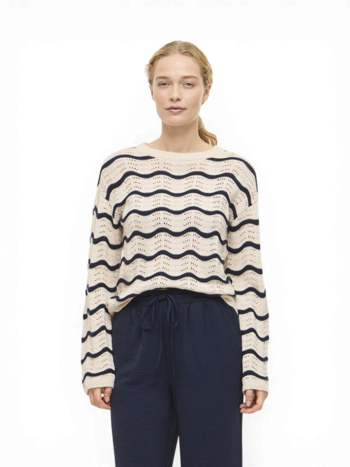 Beige gebreide trui met donkerblauwe strepen Viwave Vila