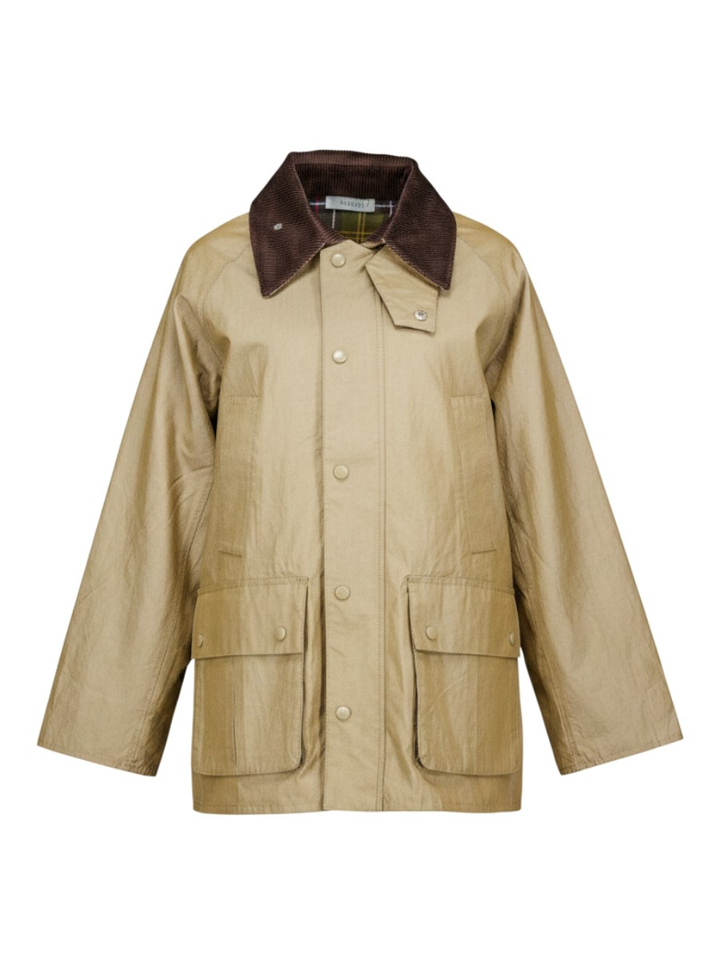 Beige korte trenchcoat met bruine ribfluwelen kraag