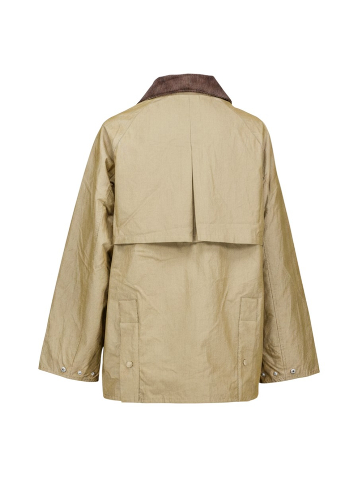 Beige korte trenchcoat met bruine ribfluwelen kraag