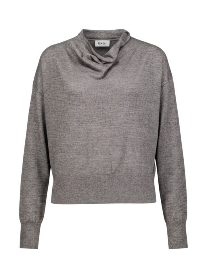 Donkergrijze fijne trui in merino wol met losse kraag Zenggi