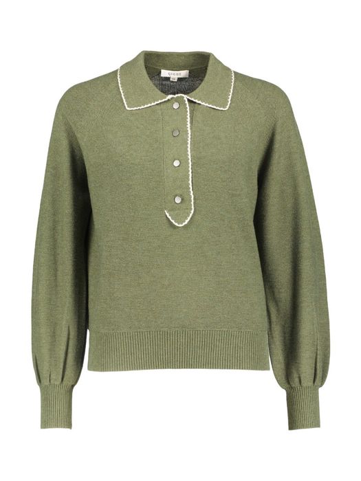 Groene polo in fijne merinomengeling met biesjes op de kraag en knoperij Lyra Gigue