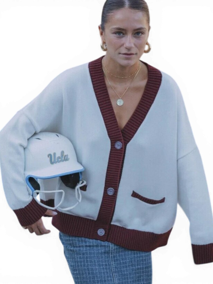 Witte gebreide cardigan met bordeaux detail Maia Les Soeurs 