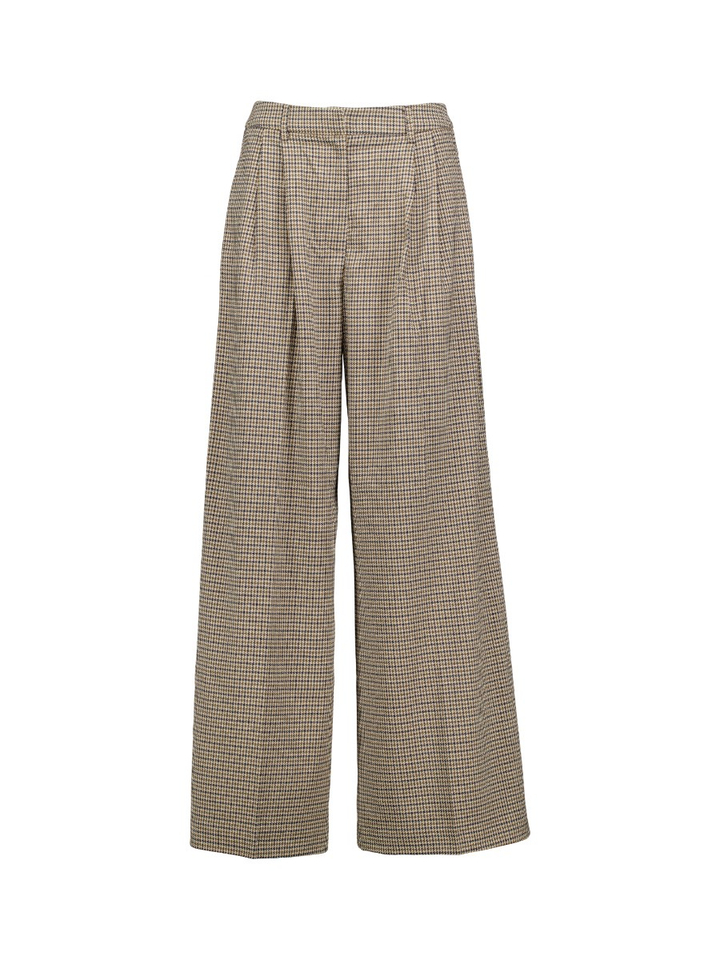 Beige wijde broek met bandplooi in pied de poule Ayen Grace&Mila 