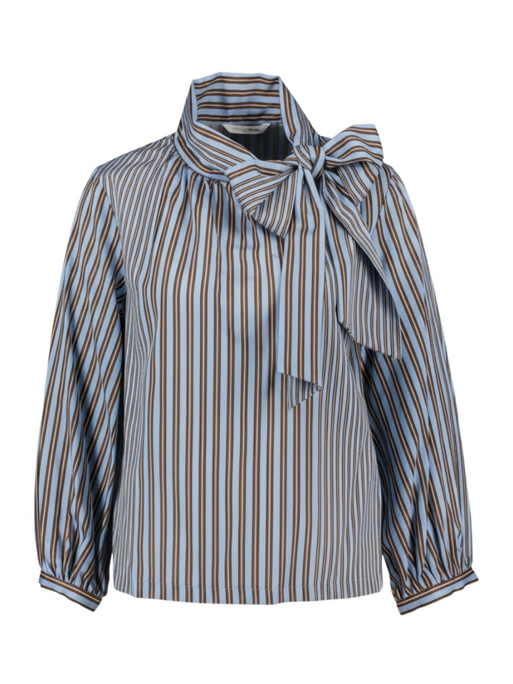 Blauw/bruin gestreepte blouse met strik Liny Atmos