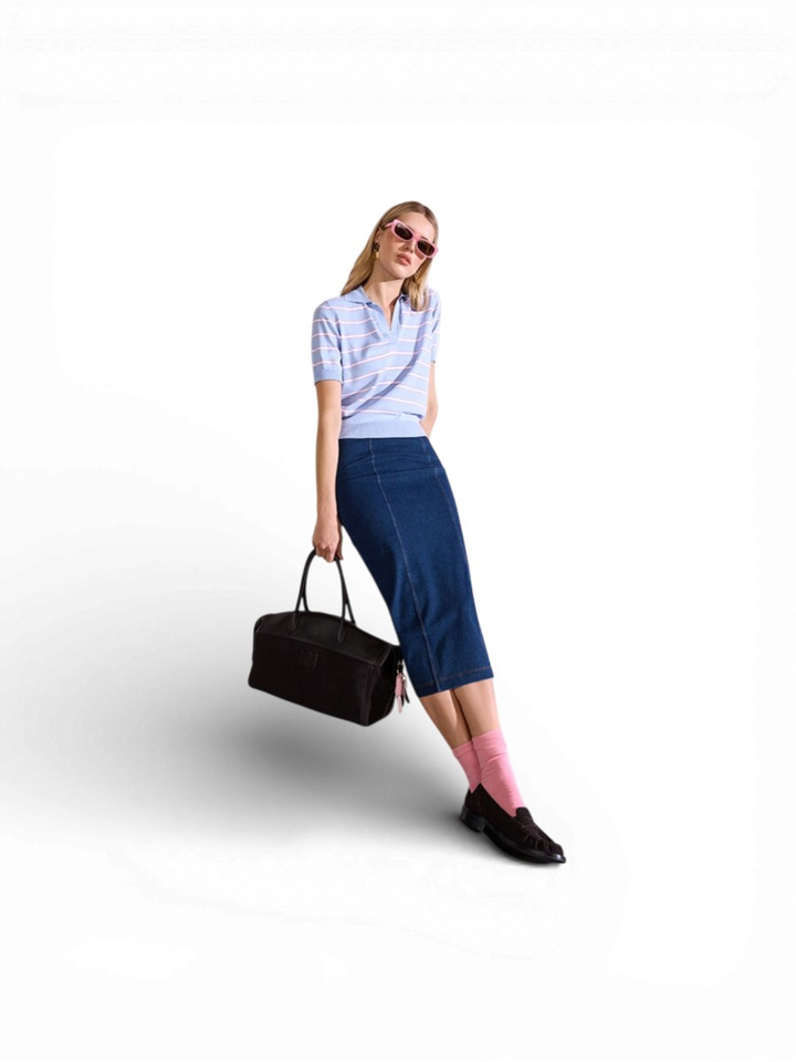 Blauwe gestreepte polo met V-hals Riani