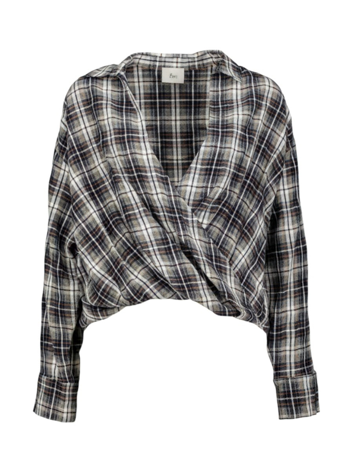 Blauwe geruiten wikkelblouse 8PM