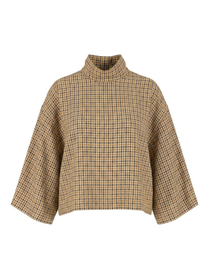 Bruin geruiten blouse met rechtopstaande kraag 8PM