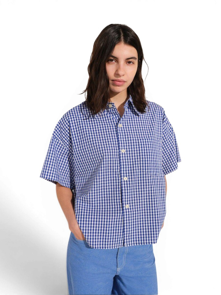 Blauwe geruite blouse American Vintage 
