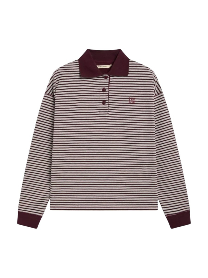 Bordeaux/grijze gestreepte polo met lange mouwen The New Society