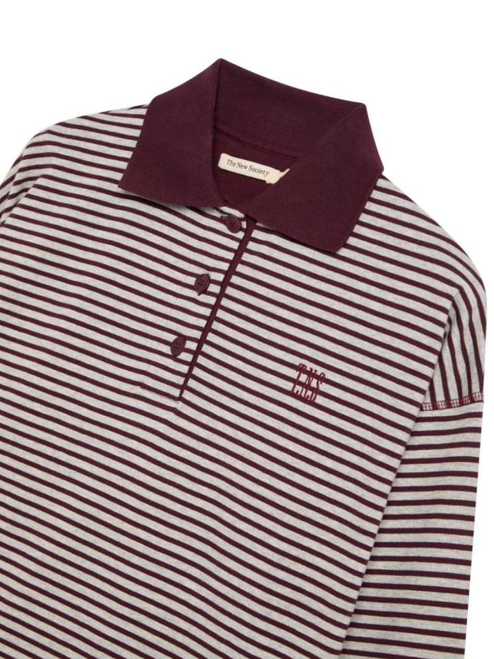 Bordeaux/grijze gestreepte polo met lange mouwen The New Society