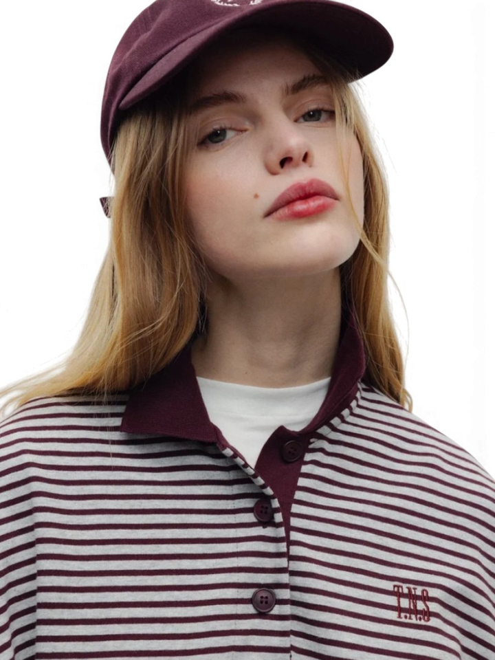 Bordeaux/grijze gestreepte polo met lange mouwen The New Society
