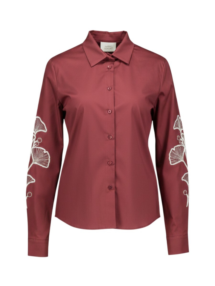 Bordeaux blouse met witte bloemen op de Mouwen Signe Nature