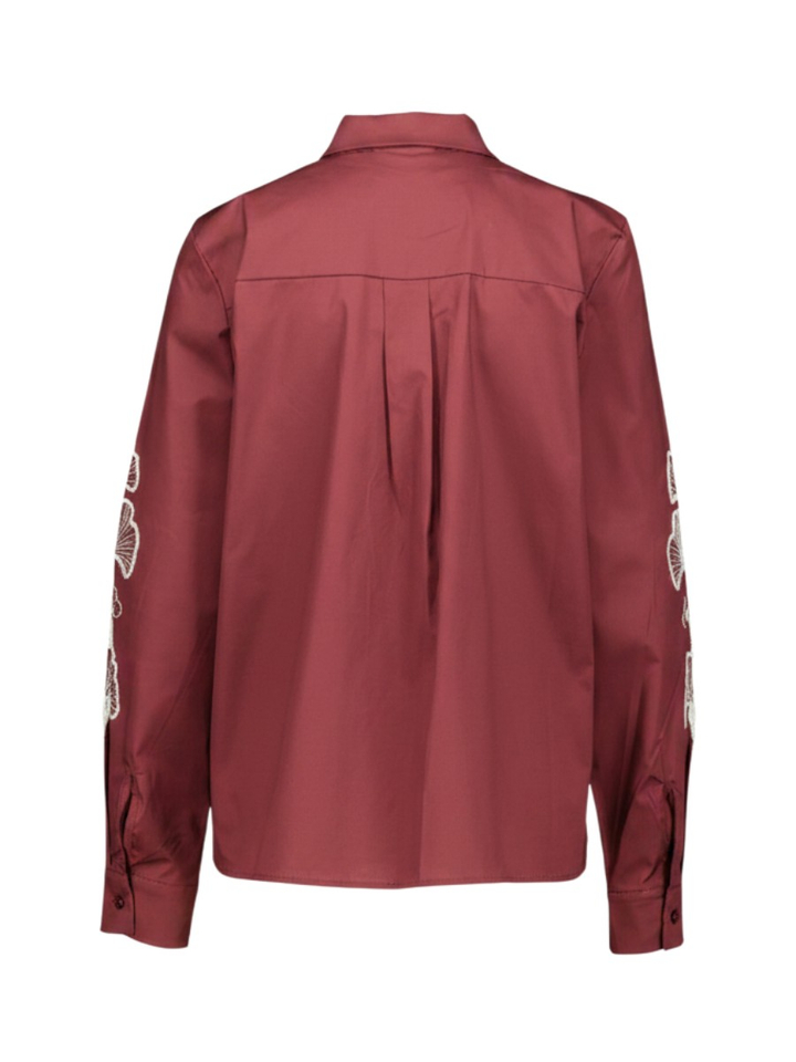 Bordeaux blouse met witte bloemen op de Mouwen Signe Nature