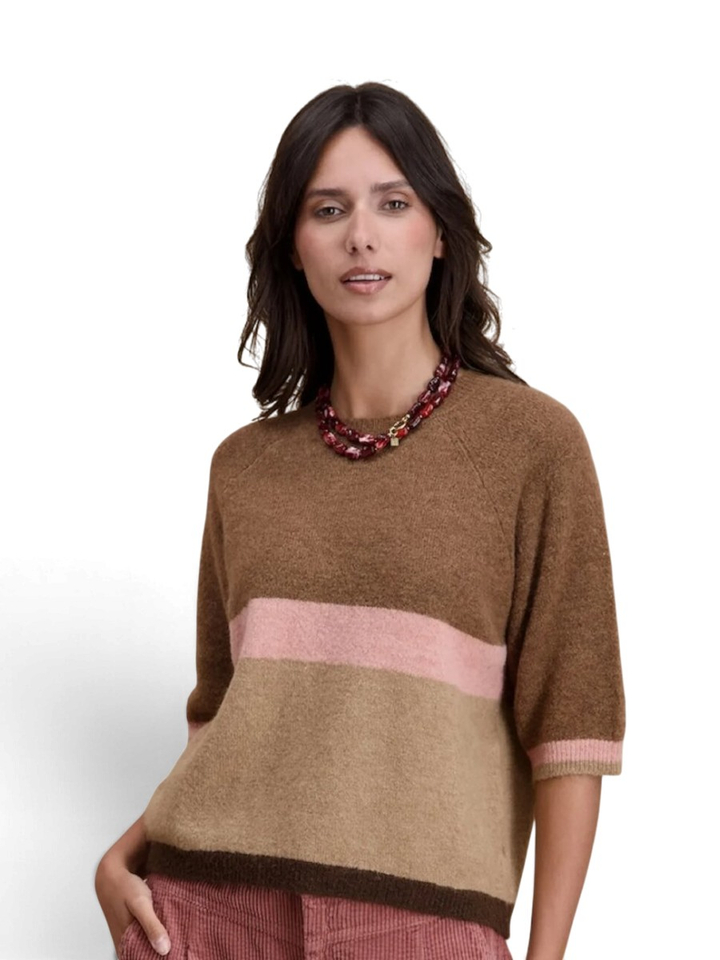 Beige gestreepte trui met korte mouwen Signe Nature