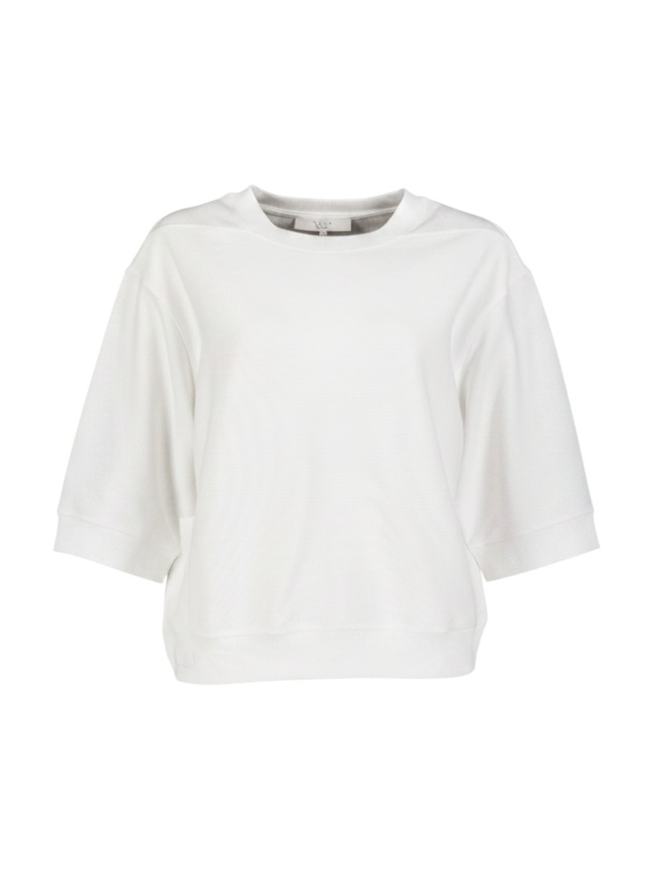 Witte t-shirt met brede ribgebreide boorden Yaya