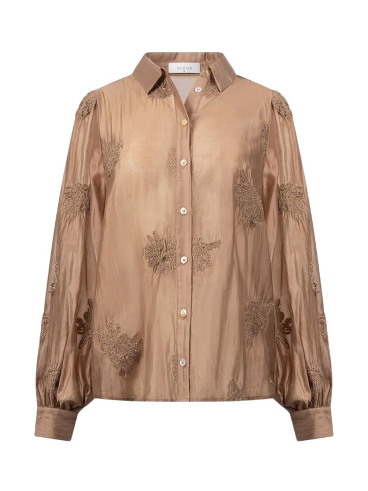 Toffee kleurige bloes met broderie Milanova Nukus