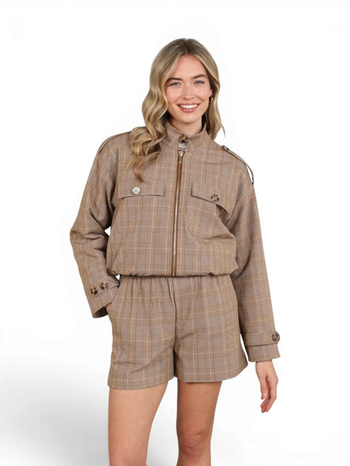 Toffee bruin geruiten jacket met schouderdetails Hope Nukus
