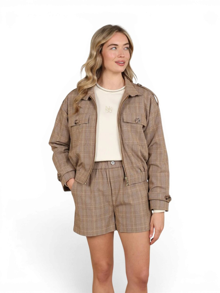 Toffee bruin geruiten jacket met schouderdetails Hope Nukus