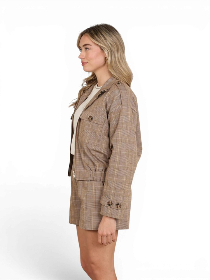 Toffee bruin geruiten jacket met schouderdetails Hope Nukus