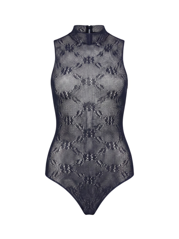 Donkerblauwe bodysuit met kantdetails en opstaande kraag Rae