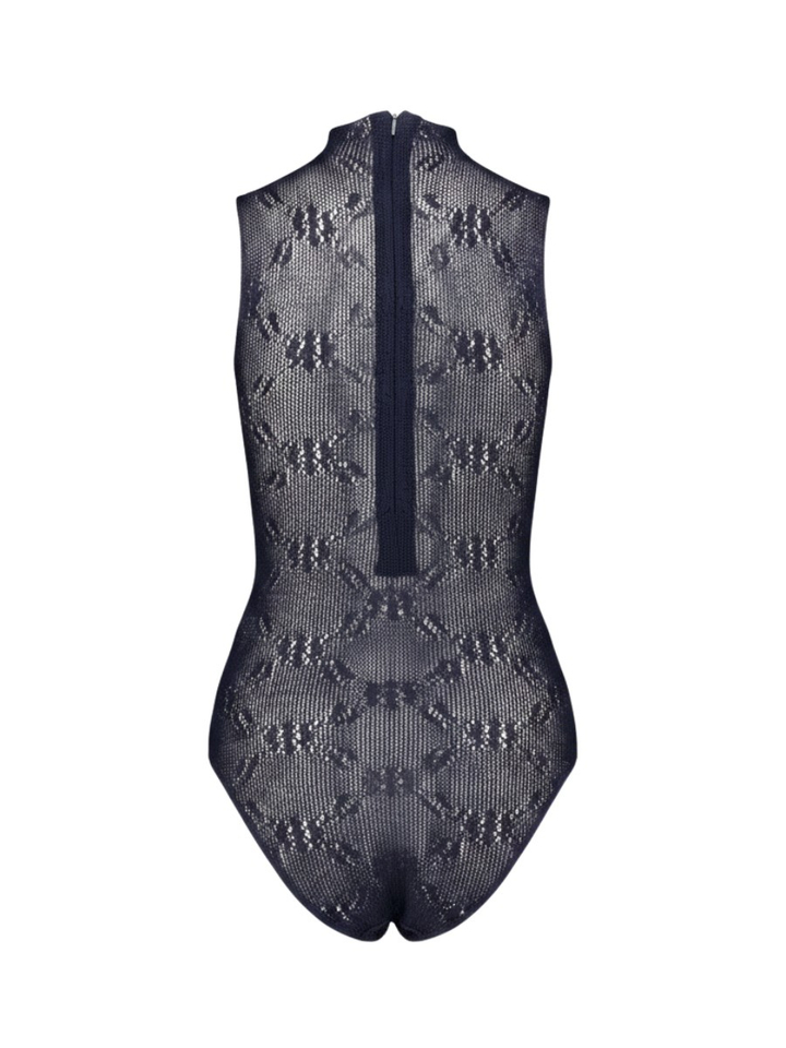 Donkerblauwe bodysuit met kantdetails en opstaande kraag Rae