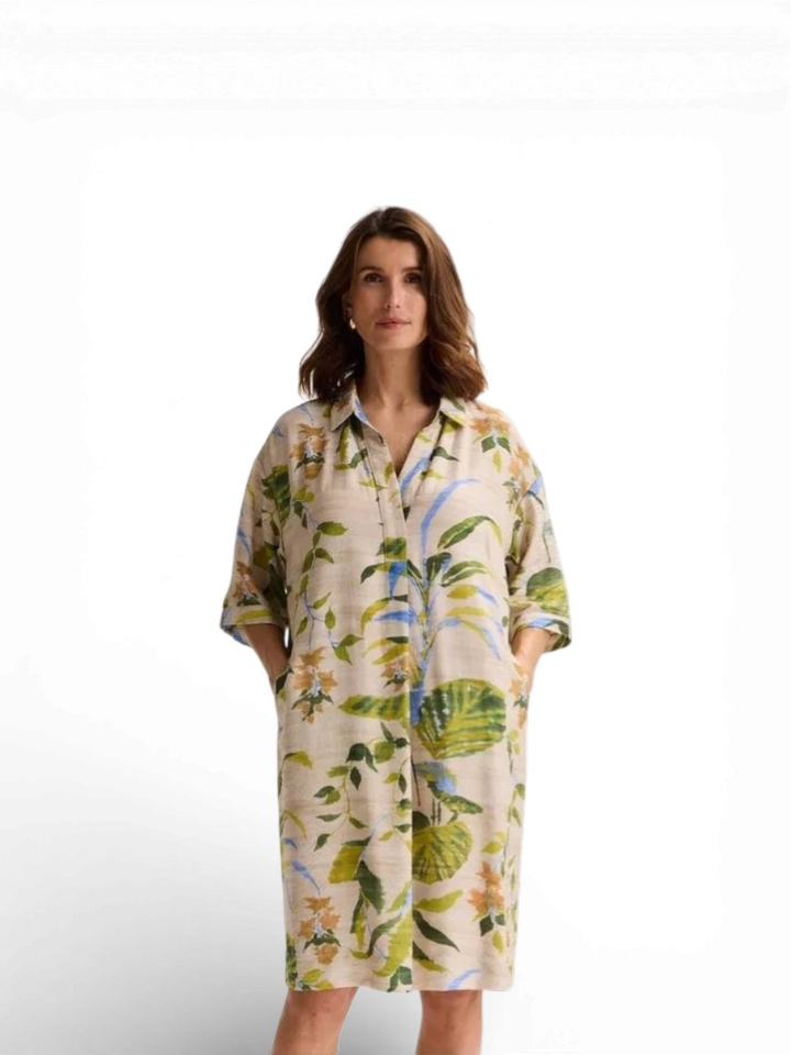 Beige jurk met blauwe en groene bloemenprint Radma Mayerline