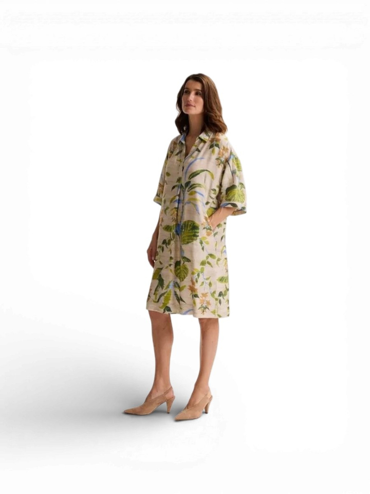 Beige jurk met blauwe en groene bloemenprint Radma Mayerline