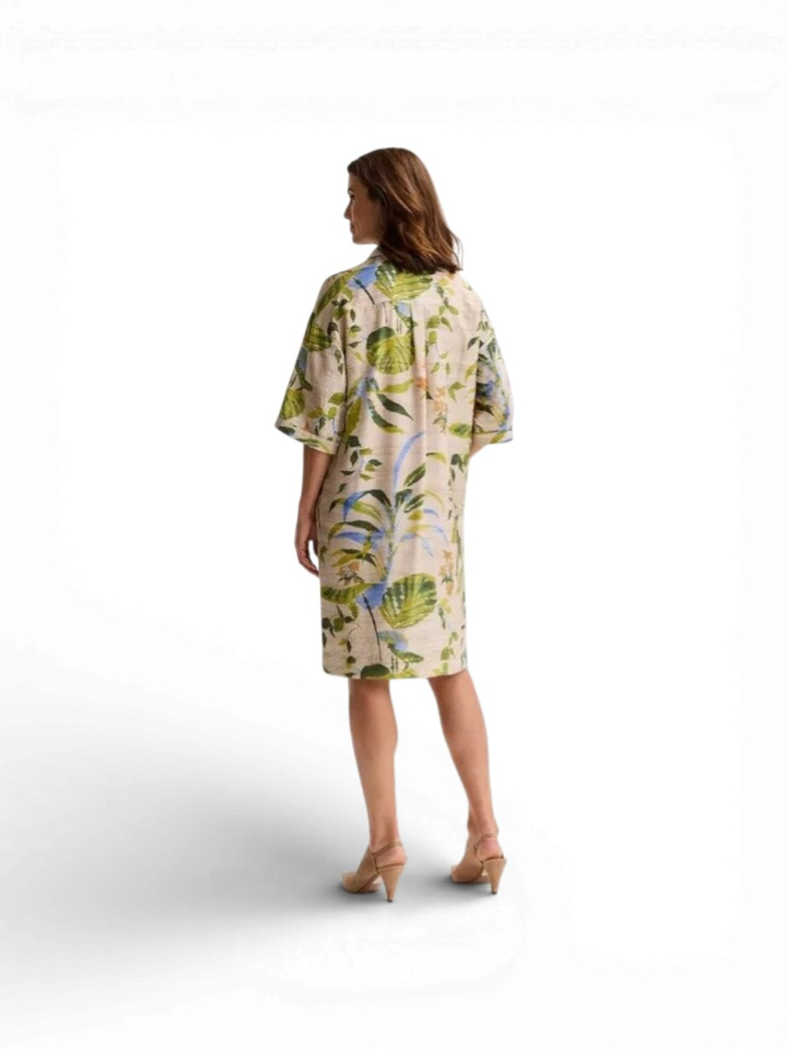 Beige jurk met blauwe en groene bloemenprint Radma Mayerline