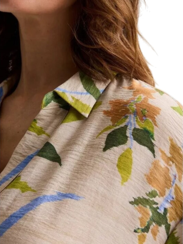 Beige jurk met blauwe en groene bloemenprint Radma Mayerline