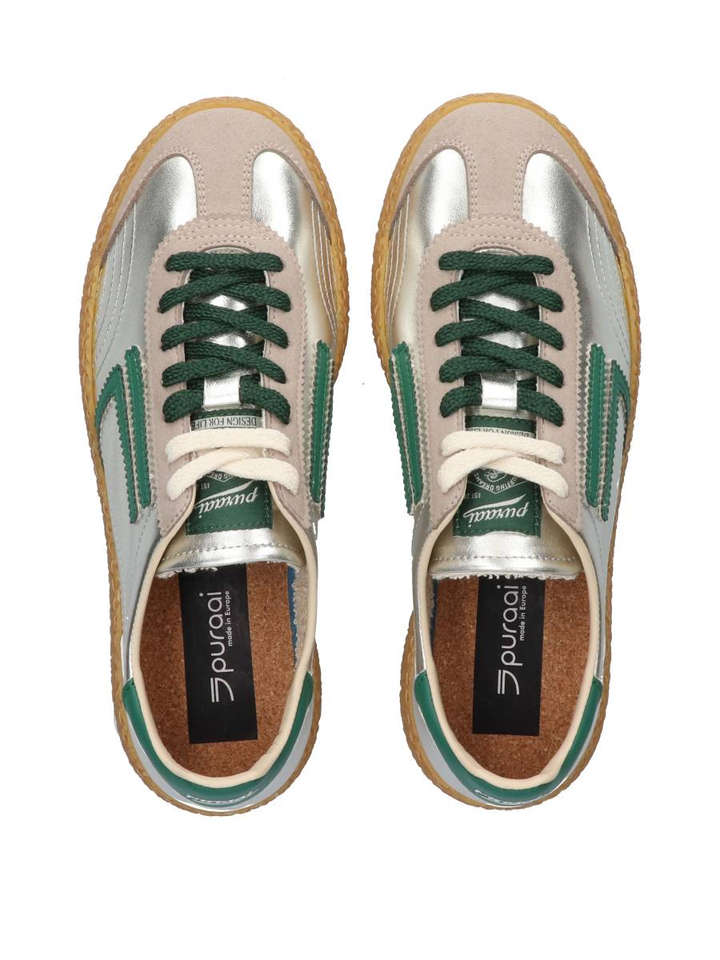 Zilverkleurige lage sneakers met groen detail