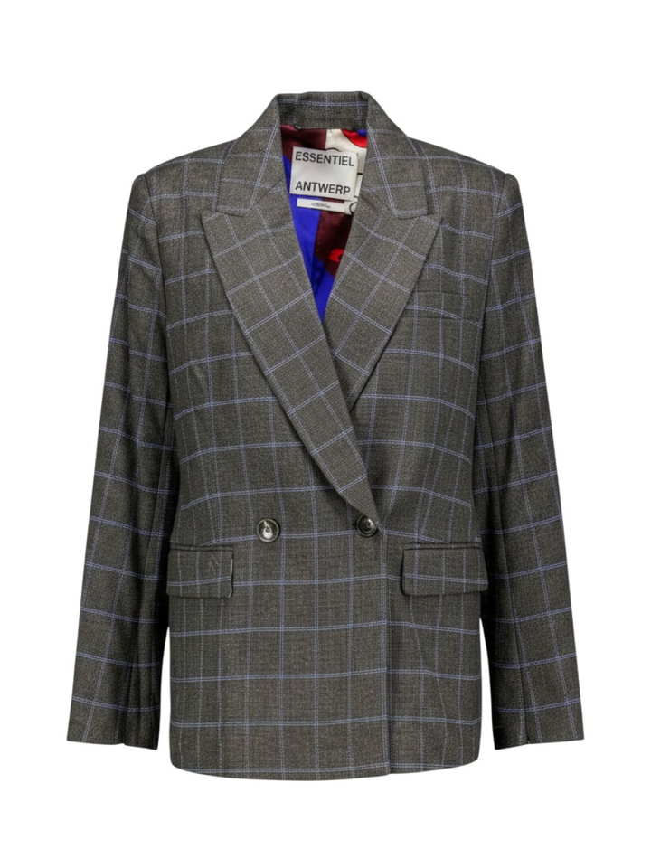 Grijze oversized blazer met fijne blauwe ruit Kendra Essentiel 