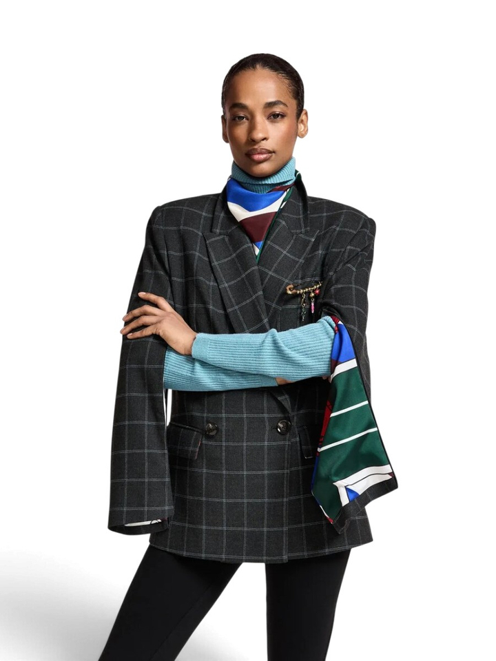 Grijze oversized blazer met fijne blauwe ruit Kendra Essentiel 