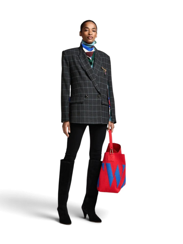 Grijze oversized blazer met fijne blauwe ruit Kendra Essentiel 
