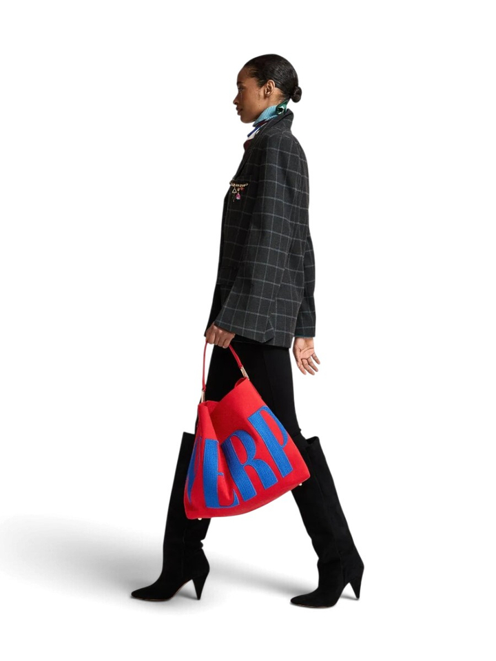 Grijze oversized blazer met fijne blauwe ruit Kendra Essentiel 