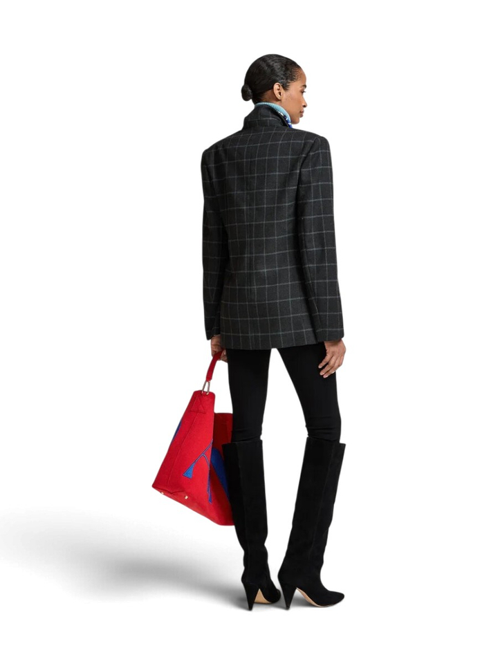 Grijze oversized blazer met fijne blauwe ruit Kendra Essentiel 