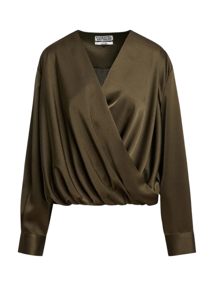 Kaki gedrapeerde wikkelblouse met V-hals Kolkwitzia Essentiel