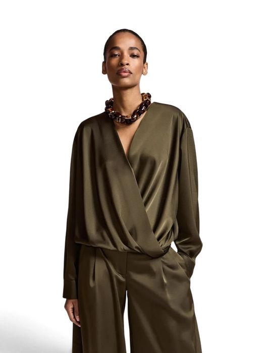 Kaki gedrapeerde wikkelblouse met V-hals Kolkwitzia Essentiel