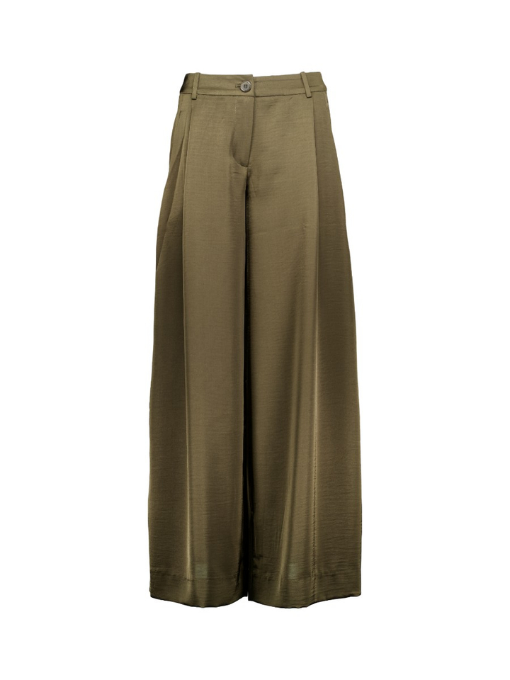 Kaki satijnen broek met brede pijp Katerina Essentiel