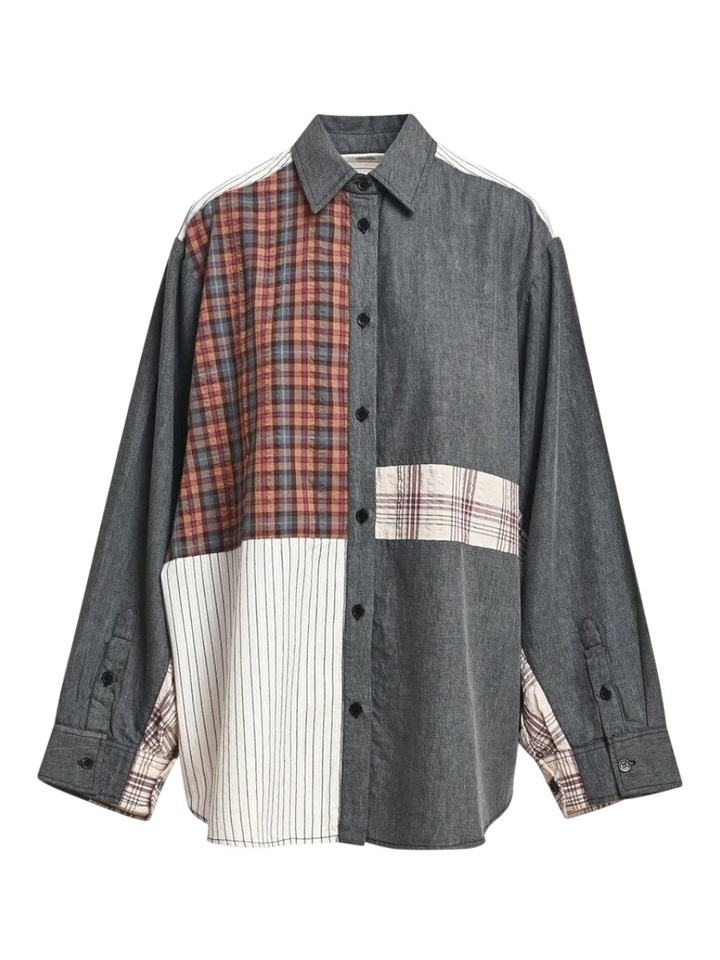 Oversized patchwork overhemd in donkergrijs, gebroken wit en bruin Kingsley Essentiel