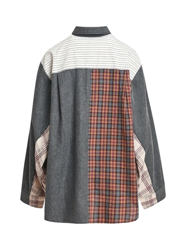 Oversized patchwork overhemd in donkergrijs, gebroken wit en bruin Kingsley Essentiel